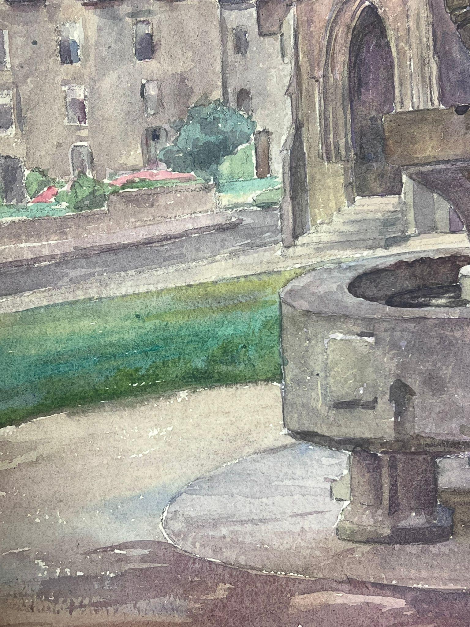 1930's French Watercolour Brown Water Well Church VIllage Landscape  - Impressionist Painting by Y. Blanchon