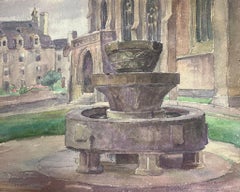 Französisches Aquarell aus den 1930er Jahren Brown Water Well Church's VIllage Landscape 