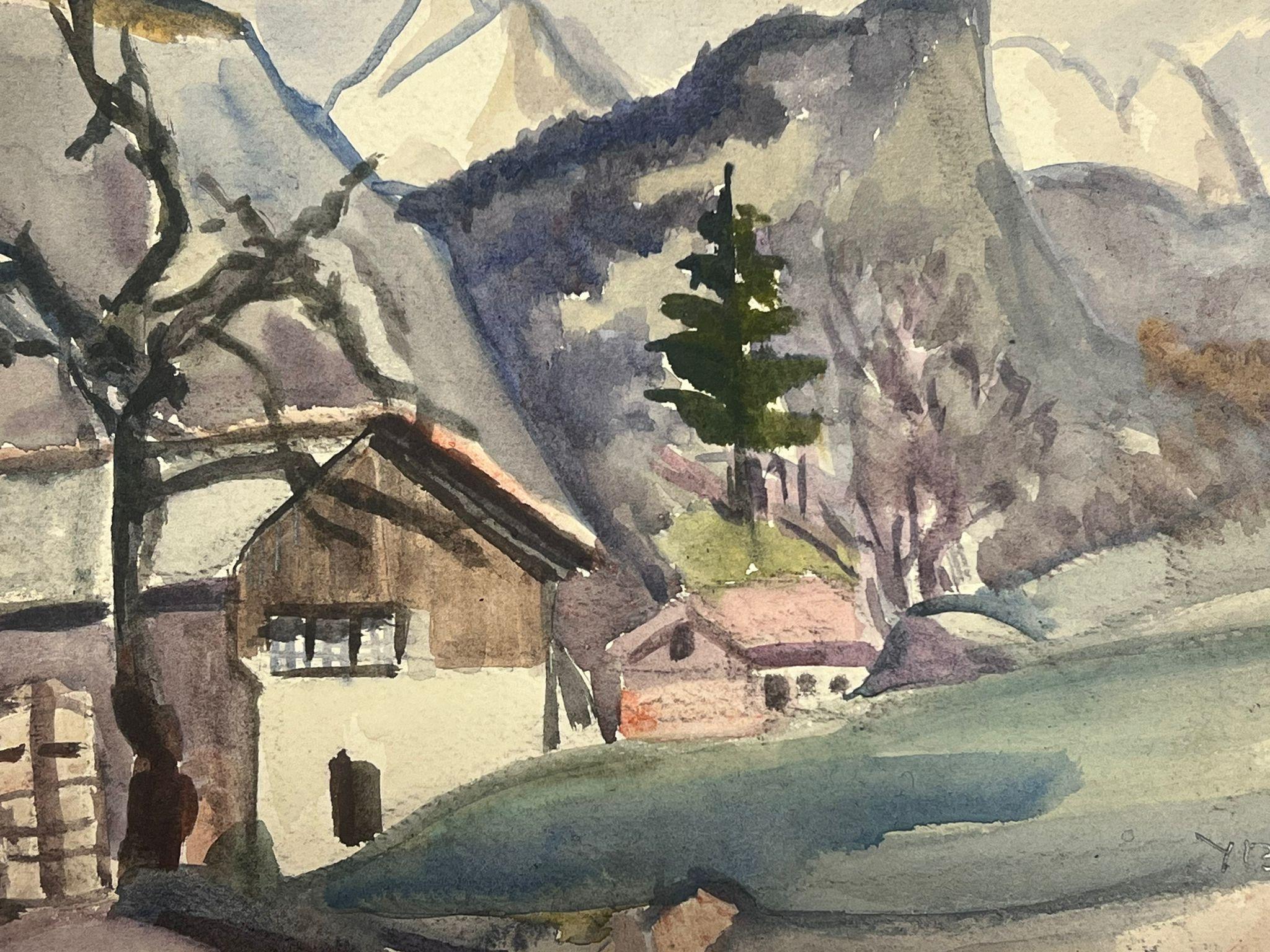 1930's French Watercolour Landscape Houses In Mountains - Impressionist Painting by Y. Blanchon