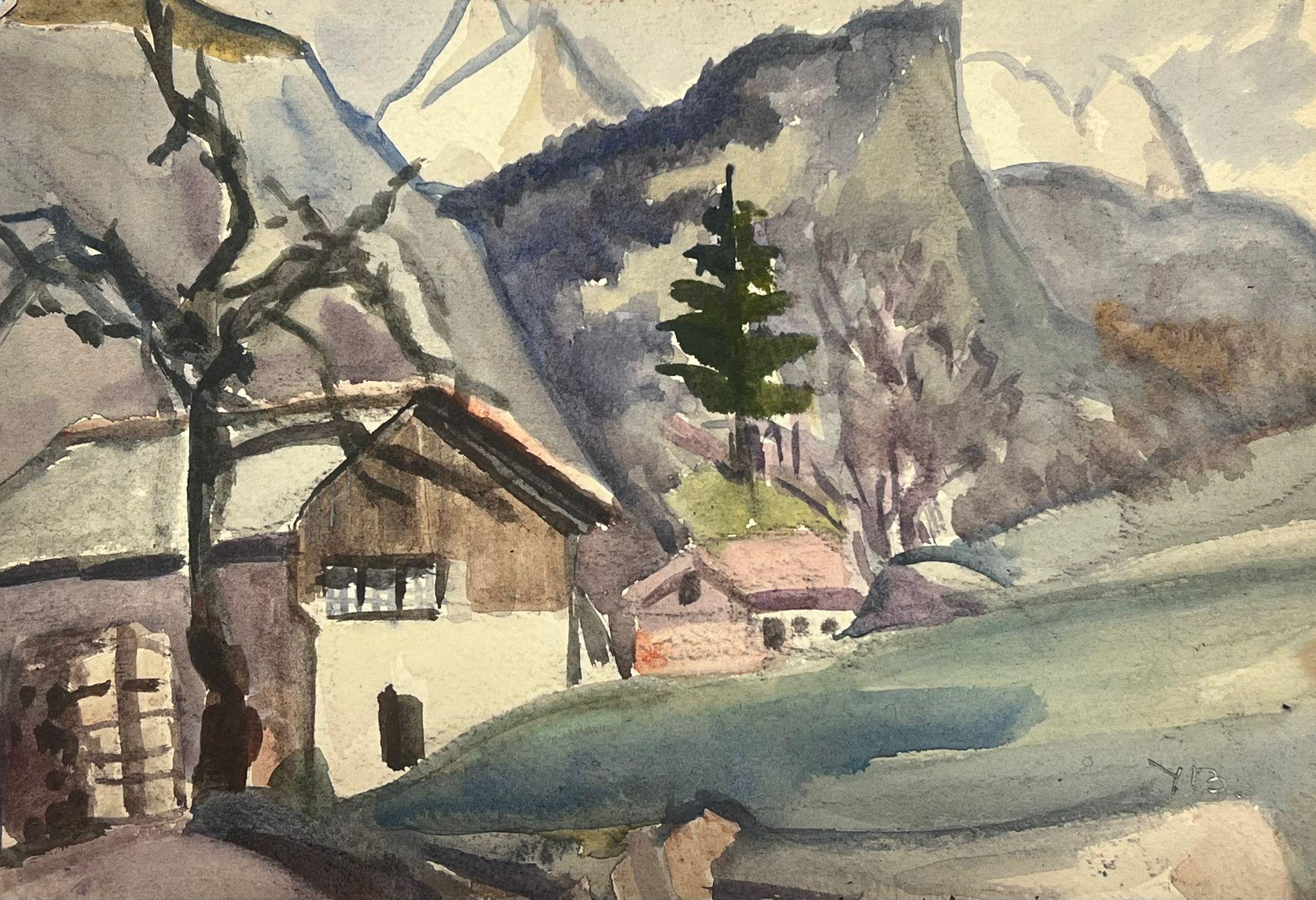 Y. Blanchon Landscape Painting - 1930's French Watercolour Landscape Houses In Mountains