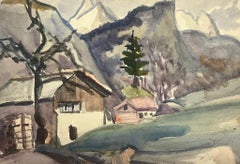 Aquarelle française des années 1930 Maisons dans les montagnes