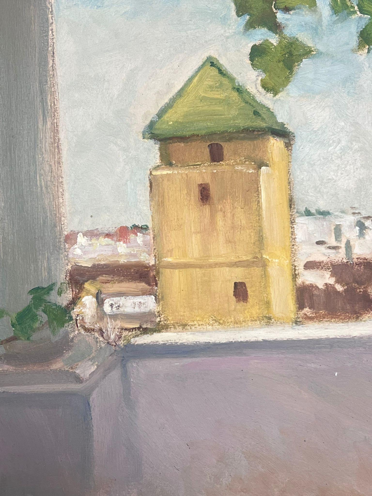 1930's Gouache Französisch Weinrebe über Balkon mit Blick auf Beige Stone Tower – Painting von Y. Blanchon