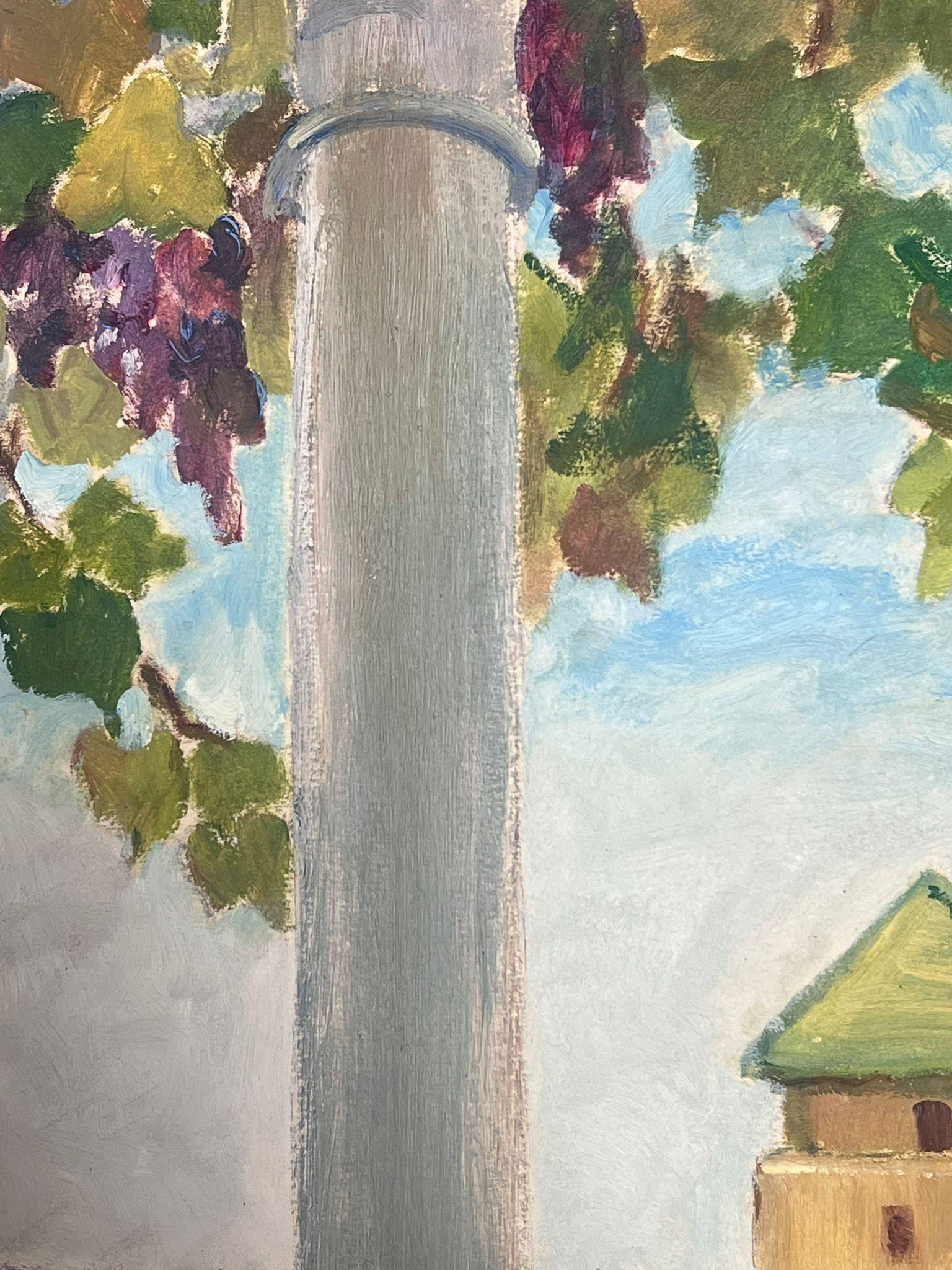 1930's Gouache Französisch Weinrebe über Balkon mit Blick auf Beige Stone Tower (Impressionismus), Painting, von Y. Blanchon