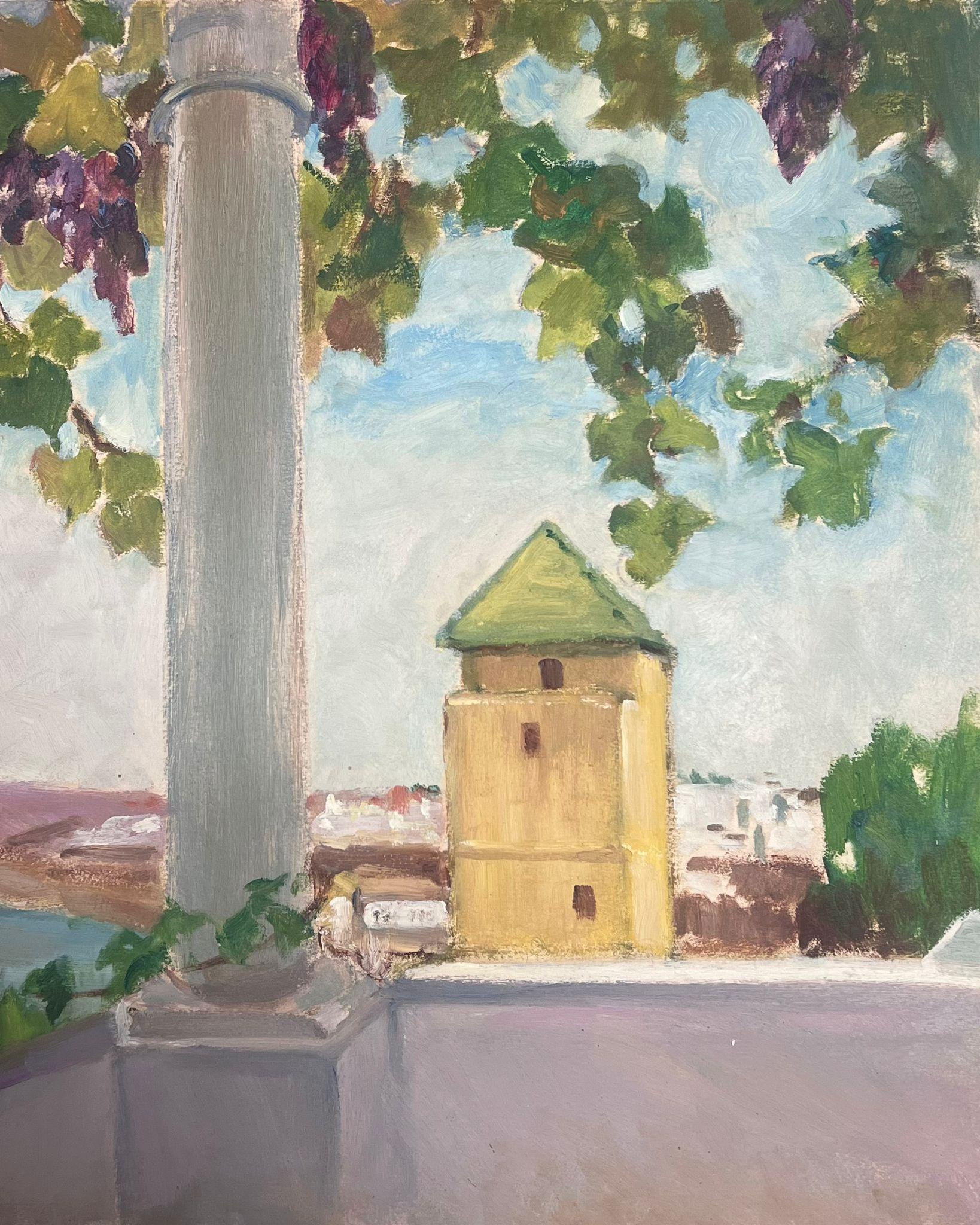 Y. Blanchon Landscape Painting – 1930's Gouache Französisch Weinrebe über Balkon mit Blick auf Beige Stone Tower
