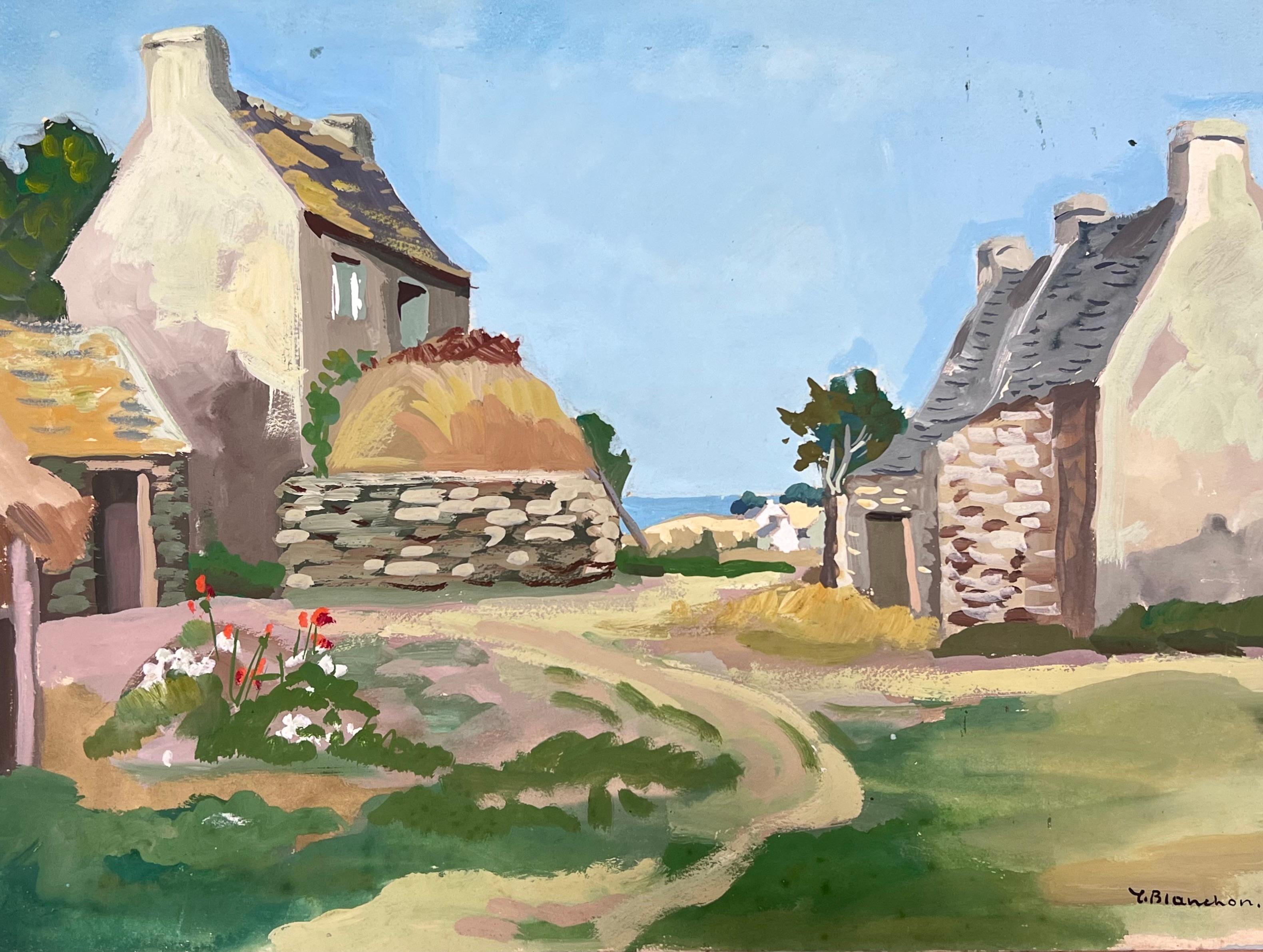 Sea Cottages
signed by Y. Blanchon, French 1950's Impressionist 
artist gouache on artist paper, unframed
painting: 12.5 x 16.5 inches
inscribed verso
provenance: from a large private collection of this artists work in Northern France
condition: