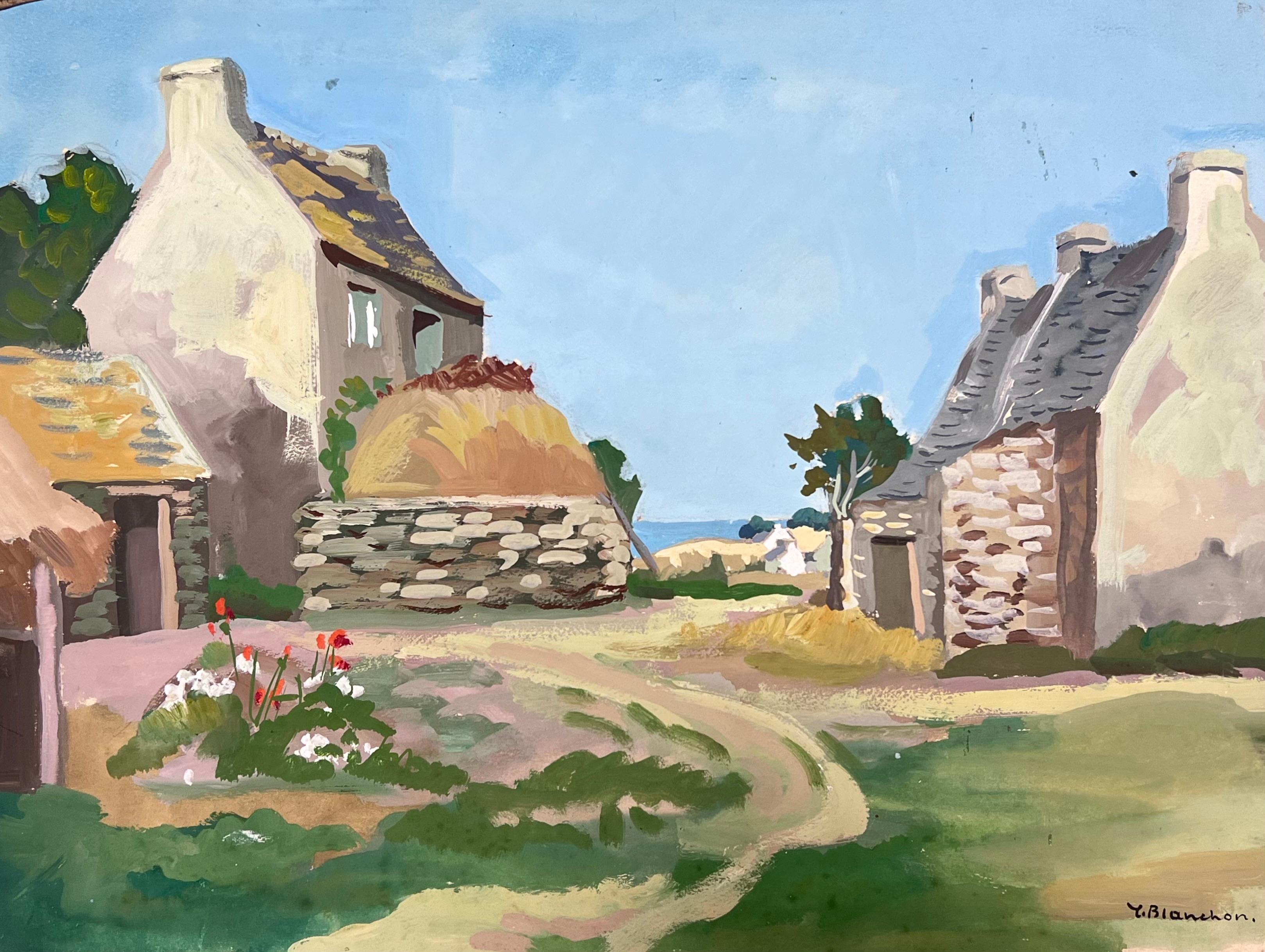 Y. Blanchon Landscape Painting - 1930's Gouache Painting French Courtyard Cottages Down By The Coast