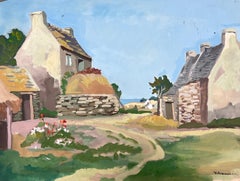 Vintage 1930's Gouache Painting French Courtyard Cottages Down By The Coast