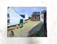Pittura a guazzo del 1930: galline della fattoria francese in cortile