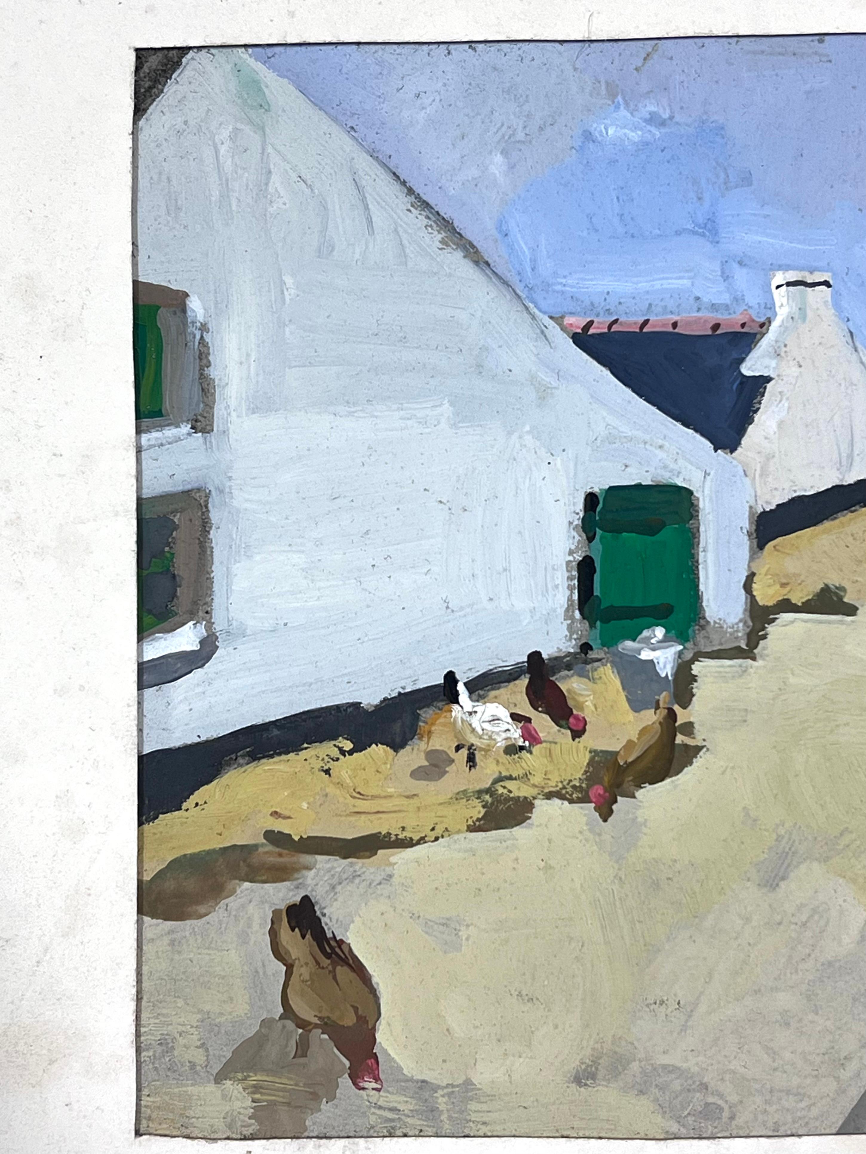 1930's Gouache Painting French Farm Chickens In Courtyard  For Sale 1