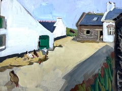 Gouache-Gemälde Französischer Bauernhof Hühner im Garten, 1930er Jahre 