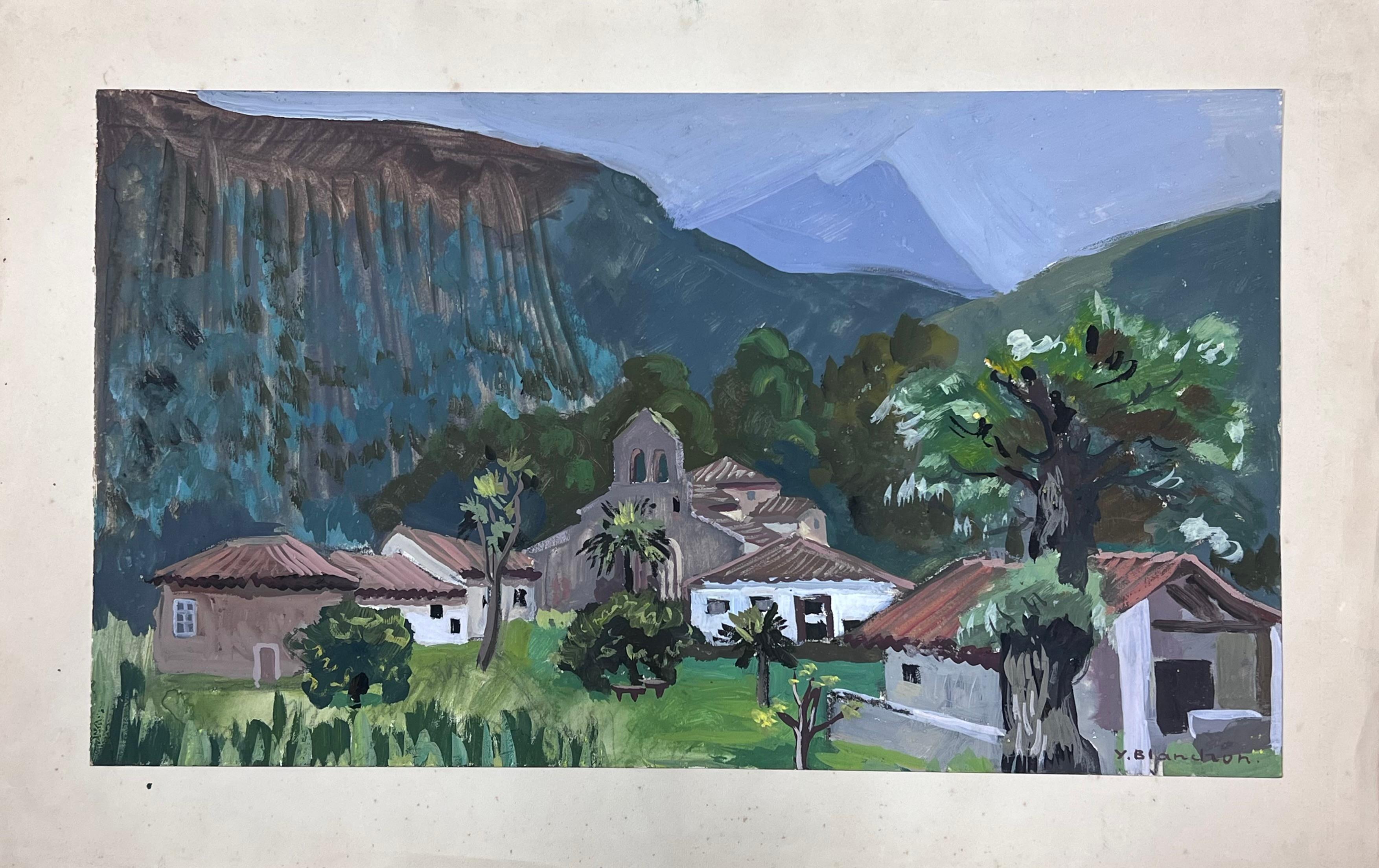 French Mountains
signed by Y. Blanchon, French 1950's Impressionist 
artist gouache on artist paper, stuck on card
overall size: 12.5 x 19.5 inches
painting: 9.5 x 16 inches
provenance: from a large private collection of this artists work in