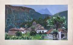 Peinture à la gouache des années 1930, Temple de ville dans les montagnes