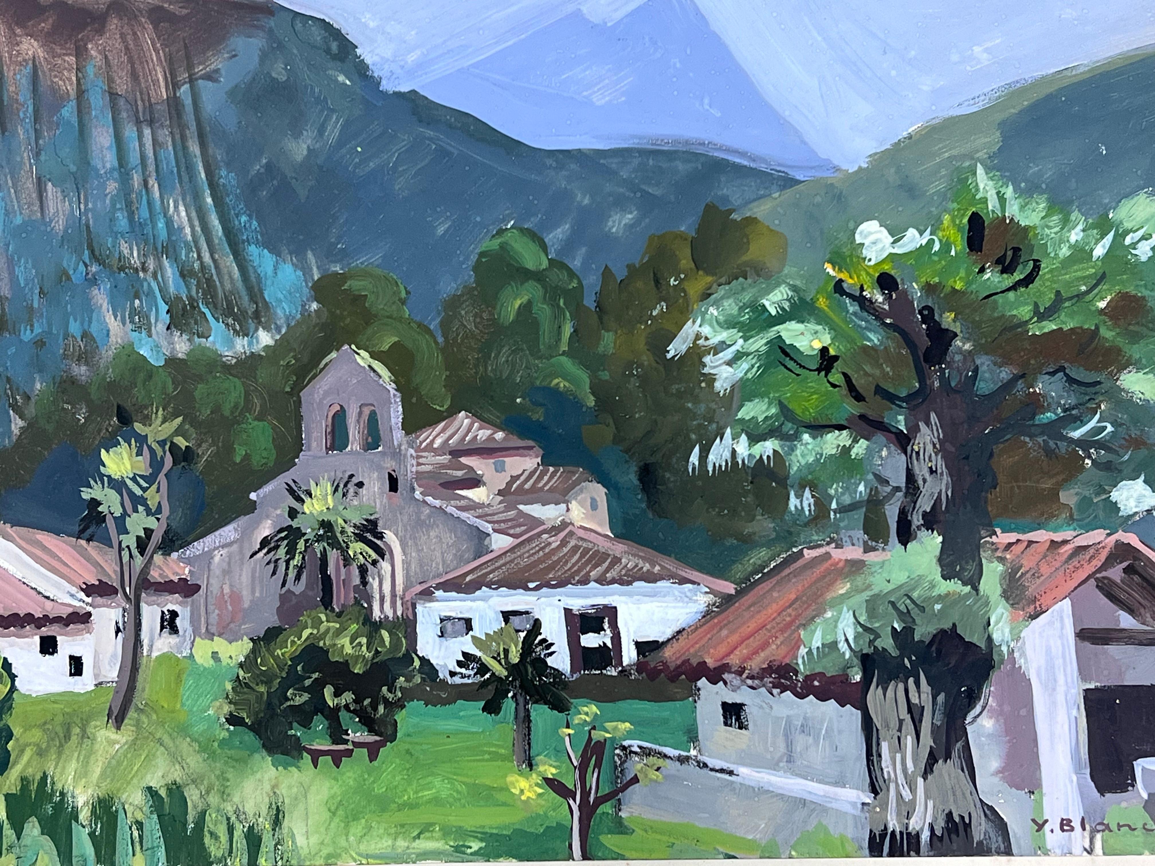 1930's Gouache Painting French Town Temple In The Mountains  For Sale 3