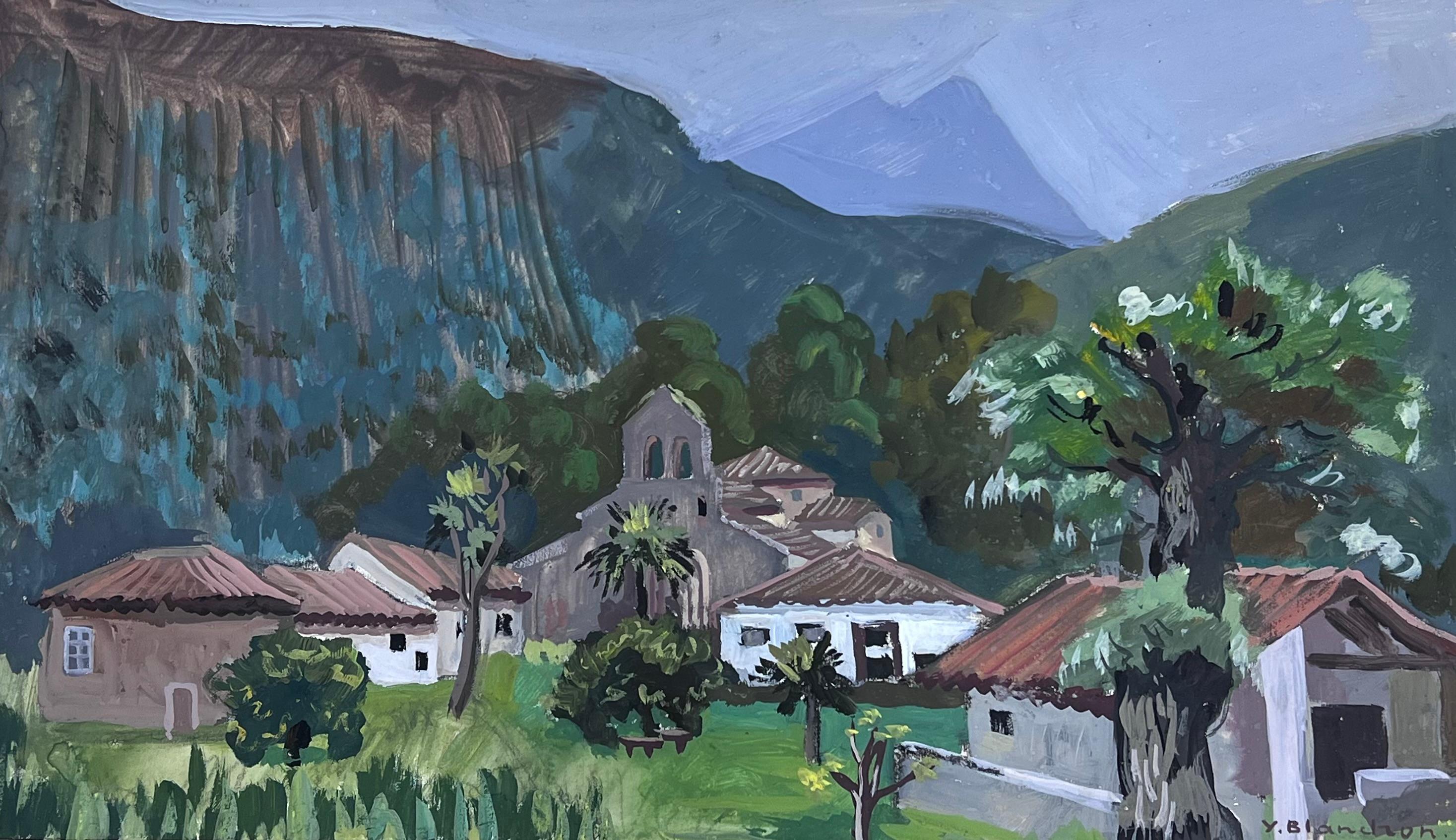 Y. Blanchon Landscape Painting - 1930's Gouache Painting French Town Temple In The Mountains 