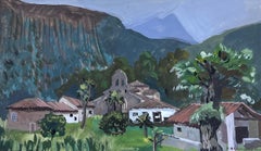 Peinture à la gouache des années 1930, Temple de ville dans les montagnes 