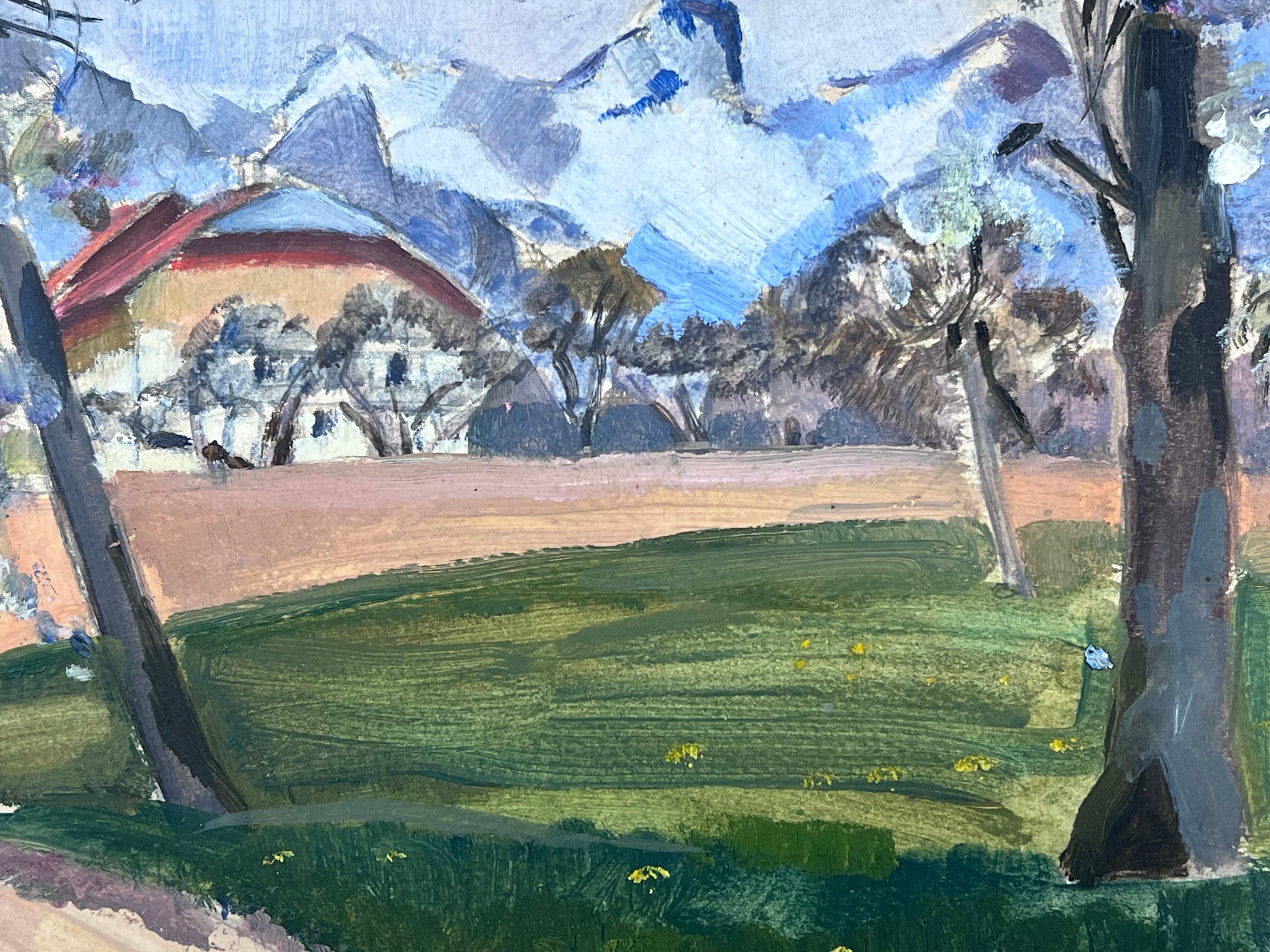 Peinture à la gouache des années 1930 - Montagnes blanches dans un paysage de terrain vert - Painting de Y. Blanchon