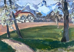 Peinture à la gouache des années 1930 - Montagnes blanches dans un paysage de terrain vert
