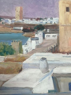 Gouache anni '30 Torre di pietra alta beige in un paesaggio di città francese