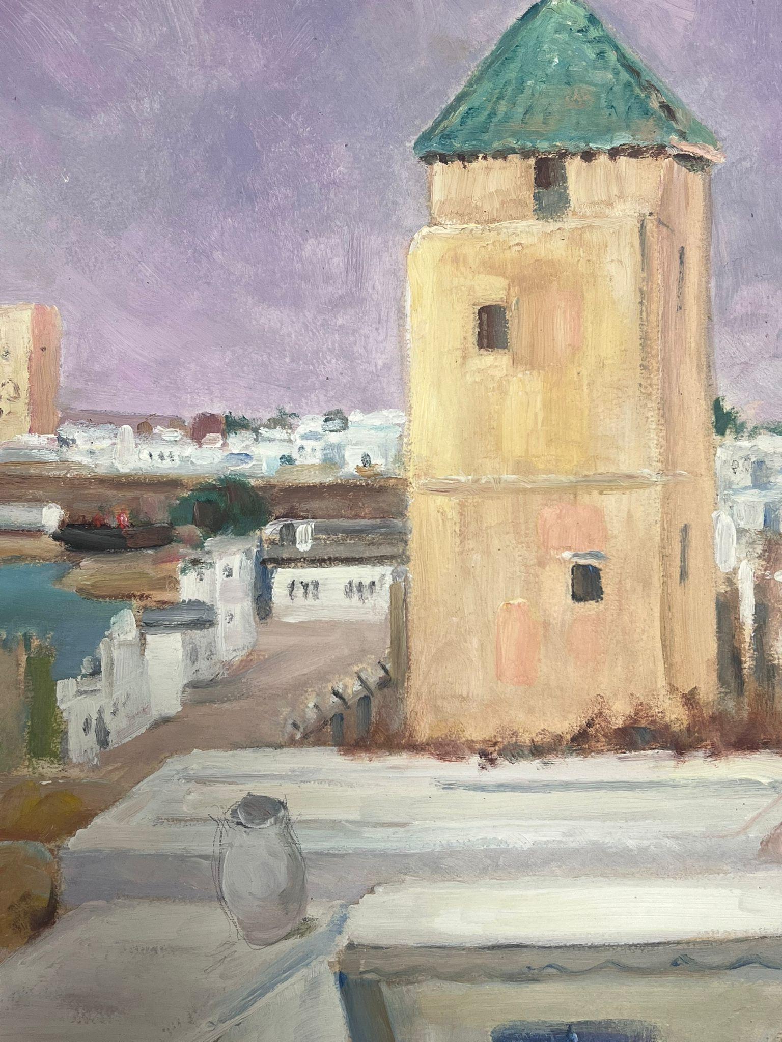 1930's Gouache Tall Beige Stone Tower In French Town Landscape  - Impressionist Painting by Y. Blanchon