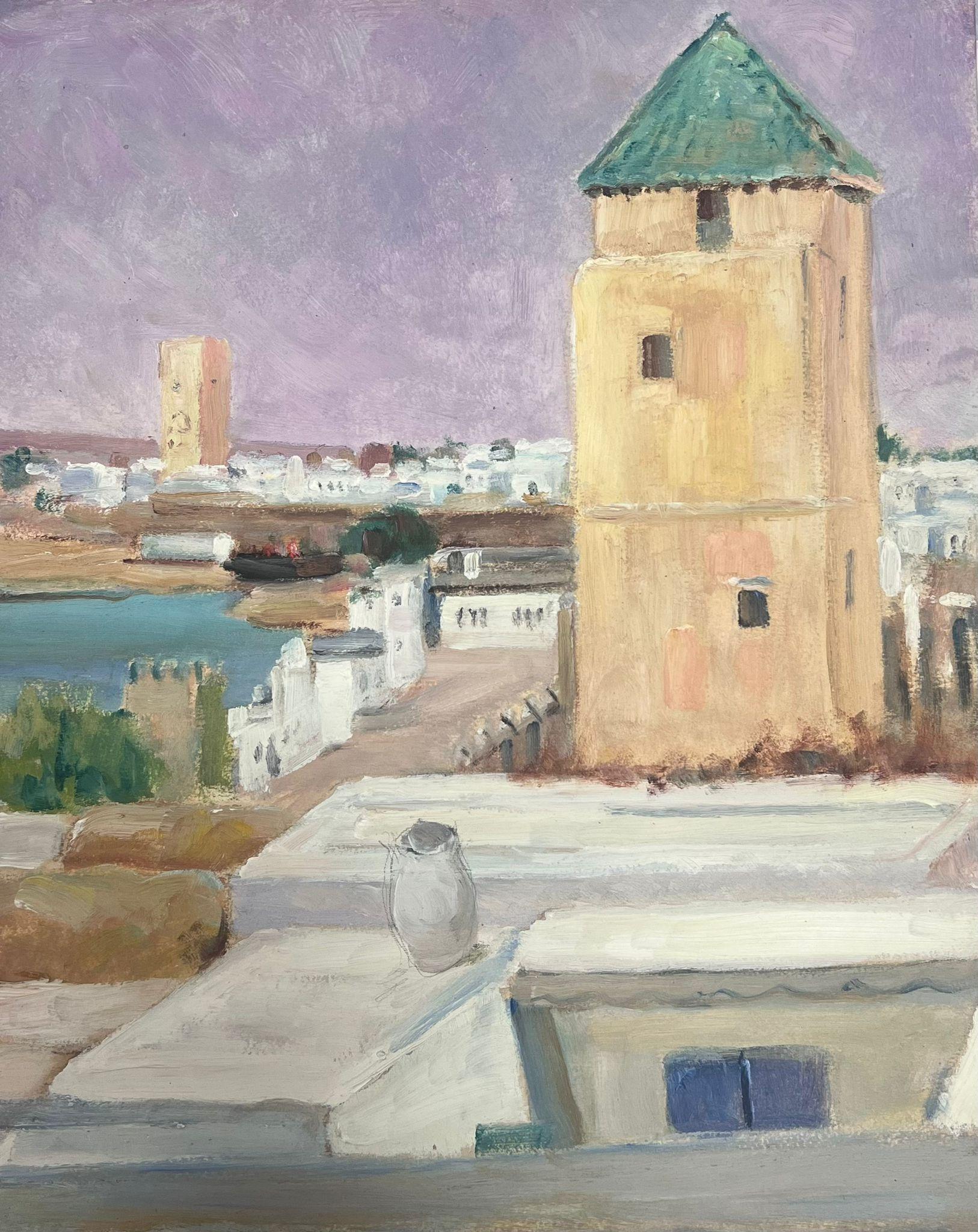 Y. Blanchon Landscape Painting - 1930's Gouache Tall Beige Stone Tower In French Town Landscape 