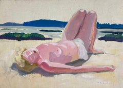 1930's Impressionist Blonde Nude Lady Sunbathing On French Sunny Beach