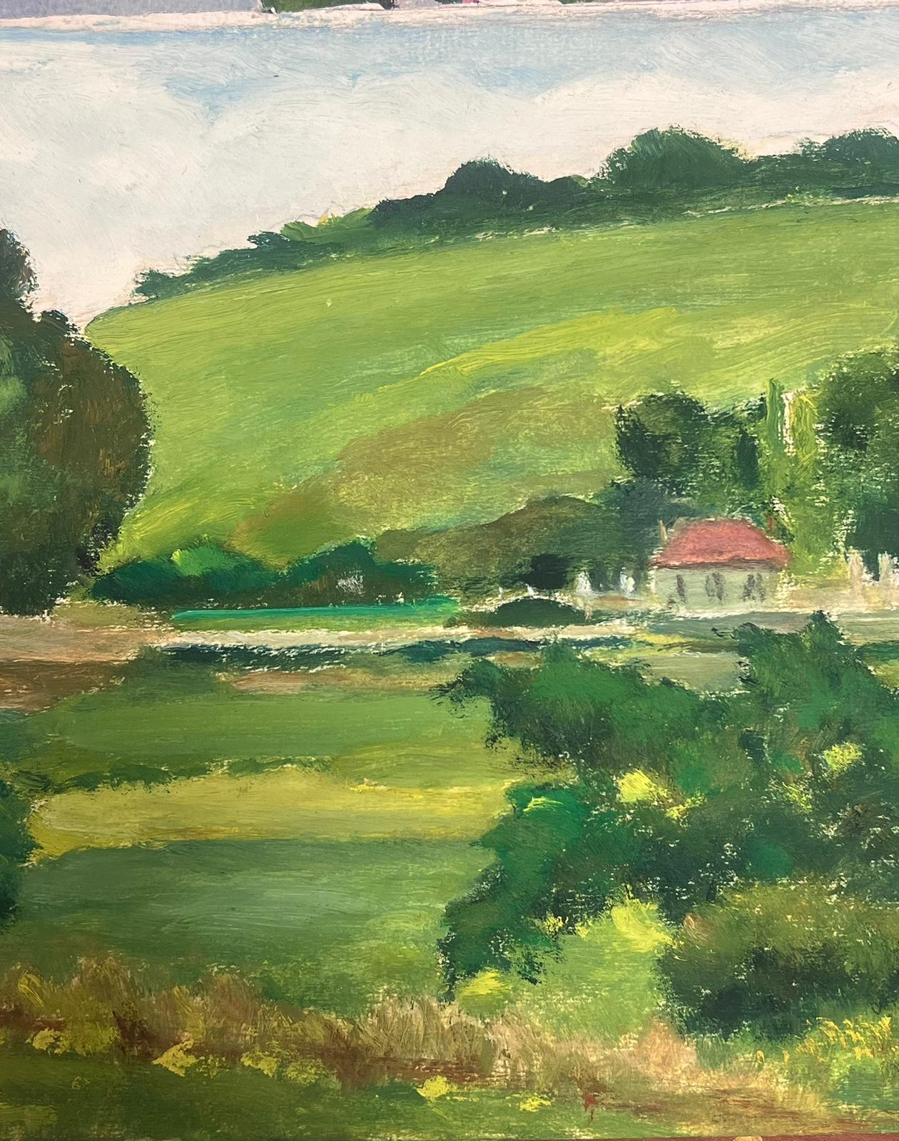 1930's Oil French Landscape Small Town In Summer Green Landscape  - Painting by Y. Blanchon