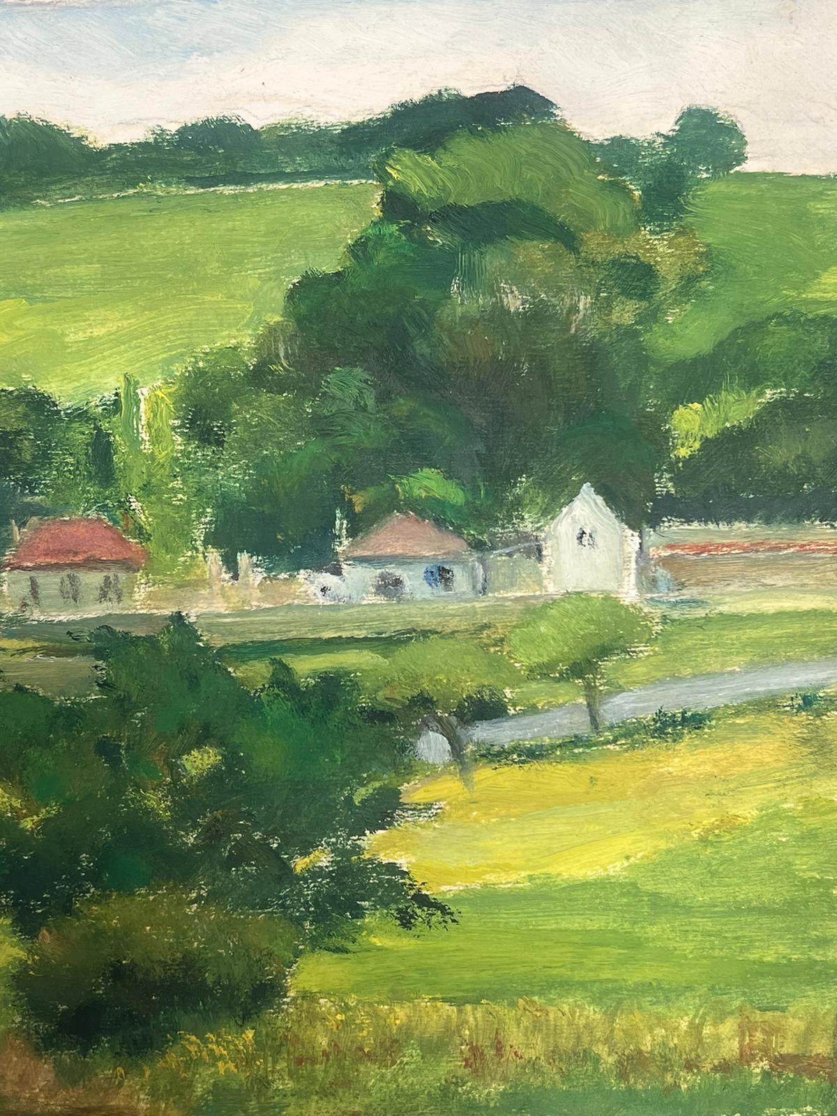 1930's Oil French Landscape Small Town In Summer Green Landscape  - Impressionist Painting by Y. Blanchon