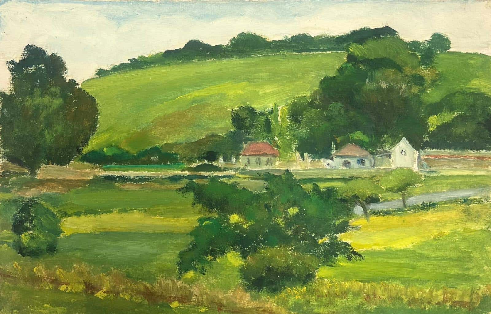 1930's Oil French Landscape Small Town In Summer Green Landscape 
