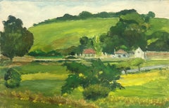 Vintage 1930's Oil French Landscape Small Town In Summer Green Landscape 