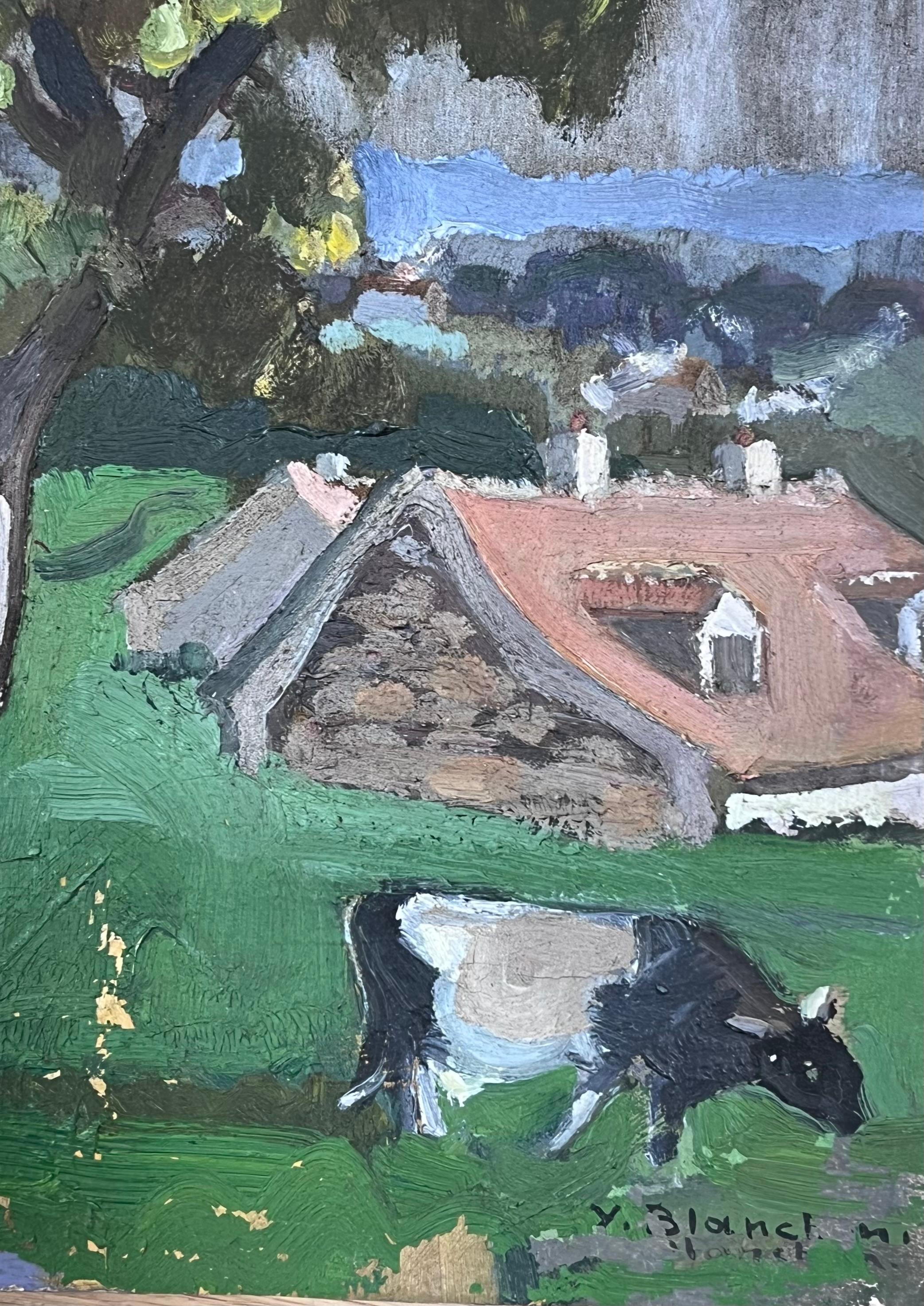 Wiese Landschaft
signiert von Y. Blanchon, französischer Impressionist der 1950er Jahre 
Künstleröl auf Künstlerpapier, ungerahmt
Gemälde: 16,5 x 13 Zoll
Provenienz: aus einer großen Privatsammlung dieses Künstlers in Nordfrankreich
Zustand: