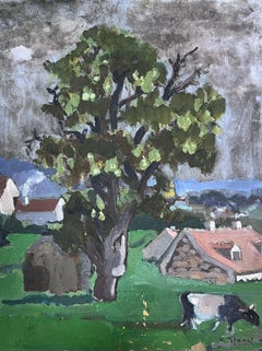 Peinture à l'huile des années 1930 Vache dans un paysage de prairie gris et lugubre