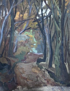 1930's Oil Painting Dark Flowing Stream Woodland Landscape