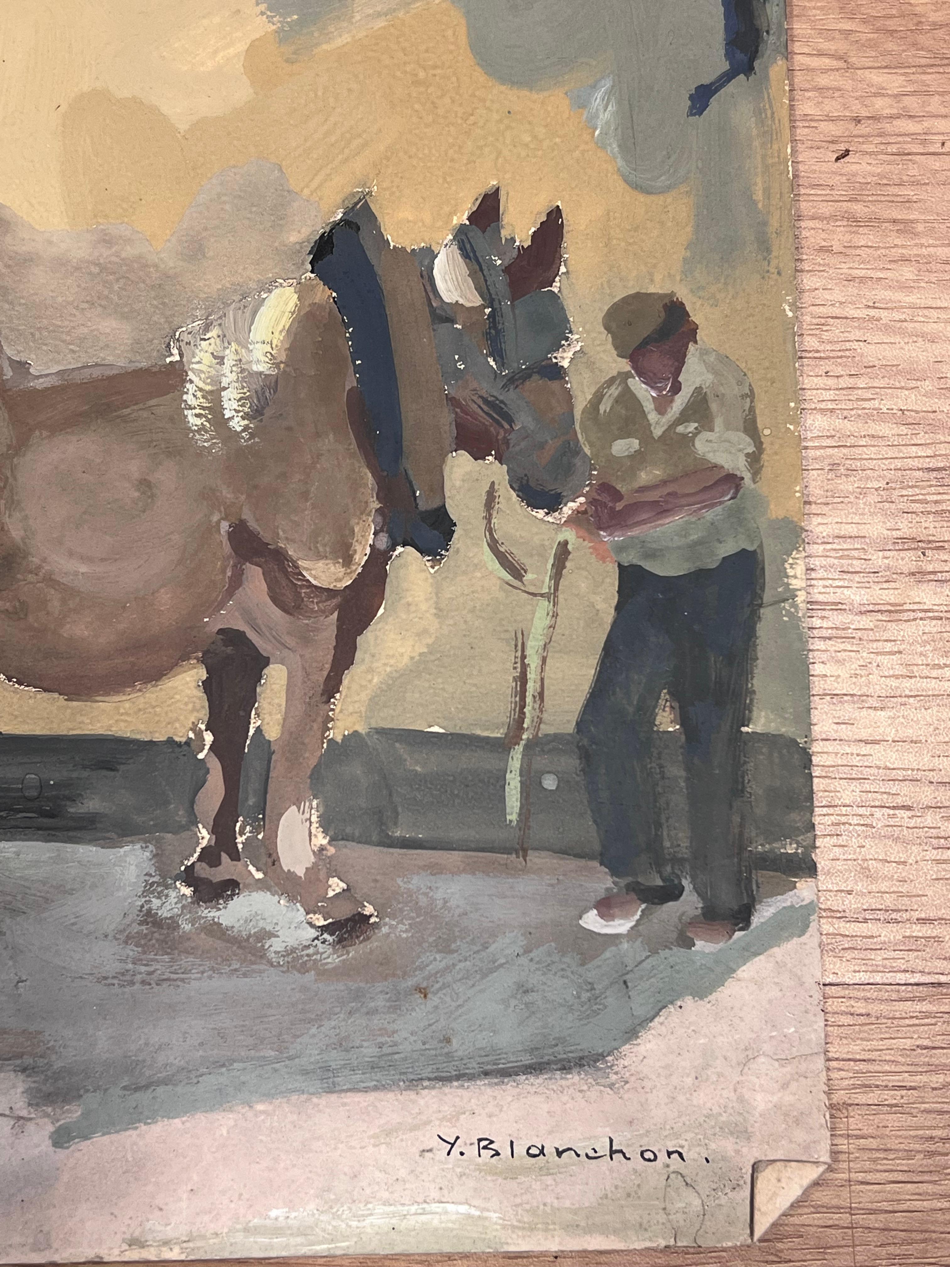 1930's Gouache Malerei Vorbereitung der Pferde und Kart in der Französisch Townes – Painting von Y. Blanchon