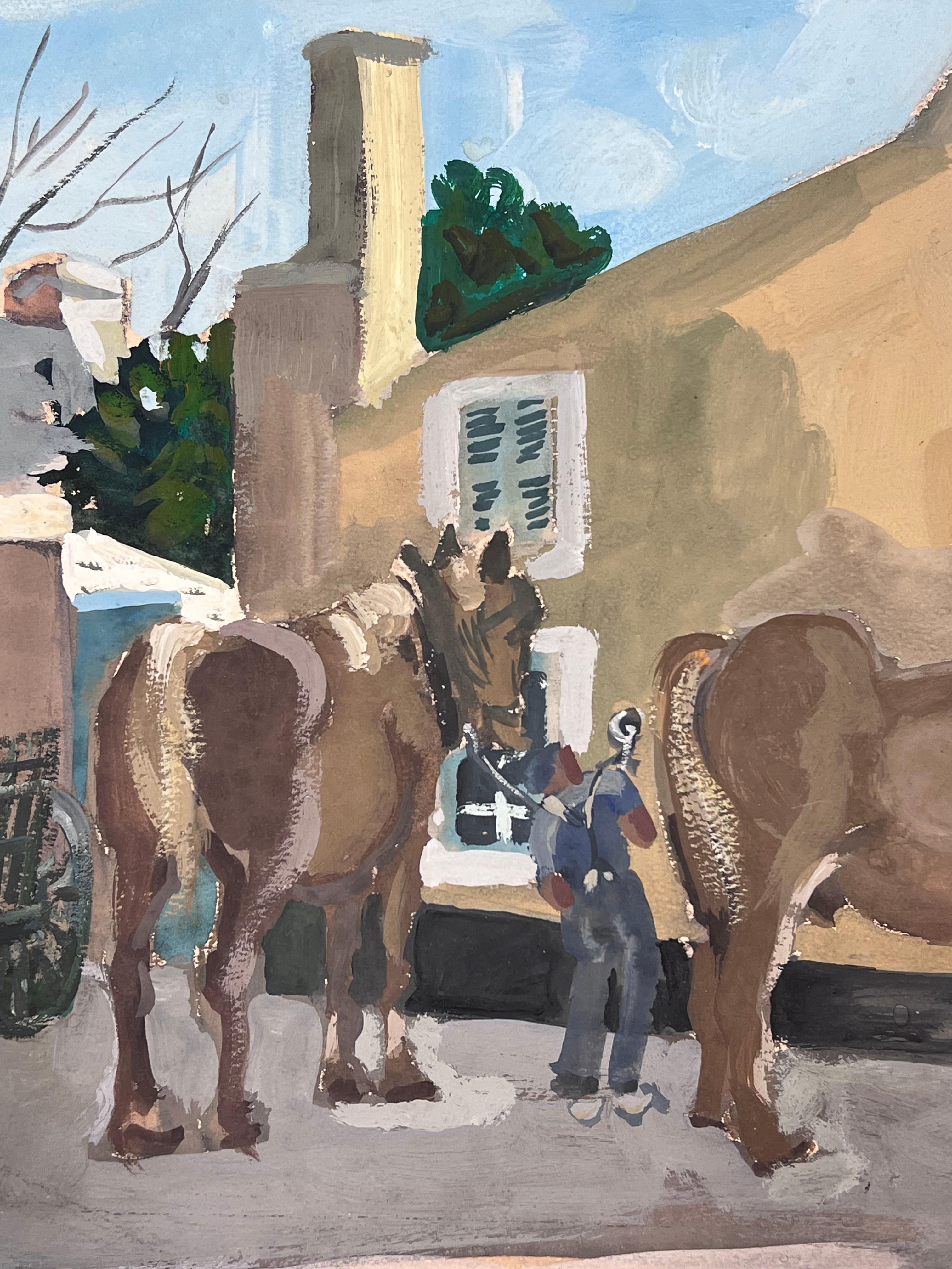 1930's Gouache Painting Preparing The Horses and Kart In The French Town For Sale 1