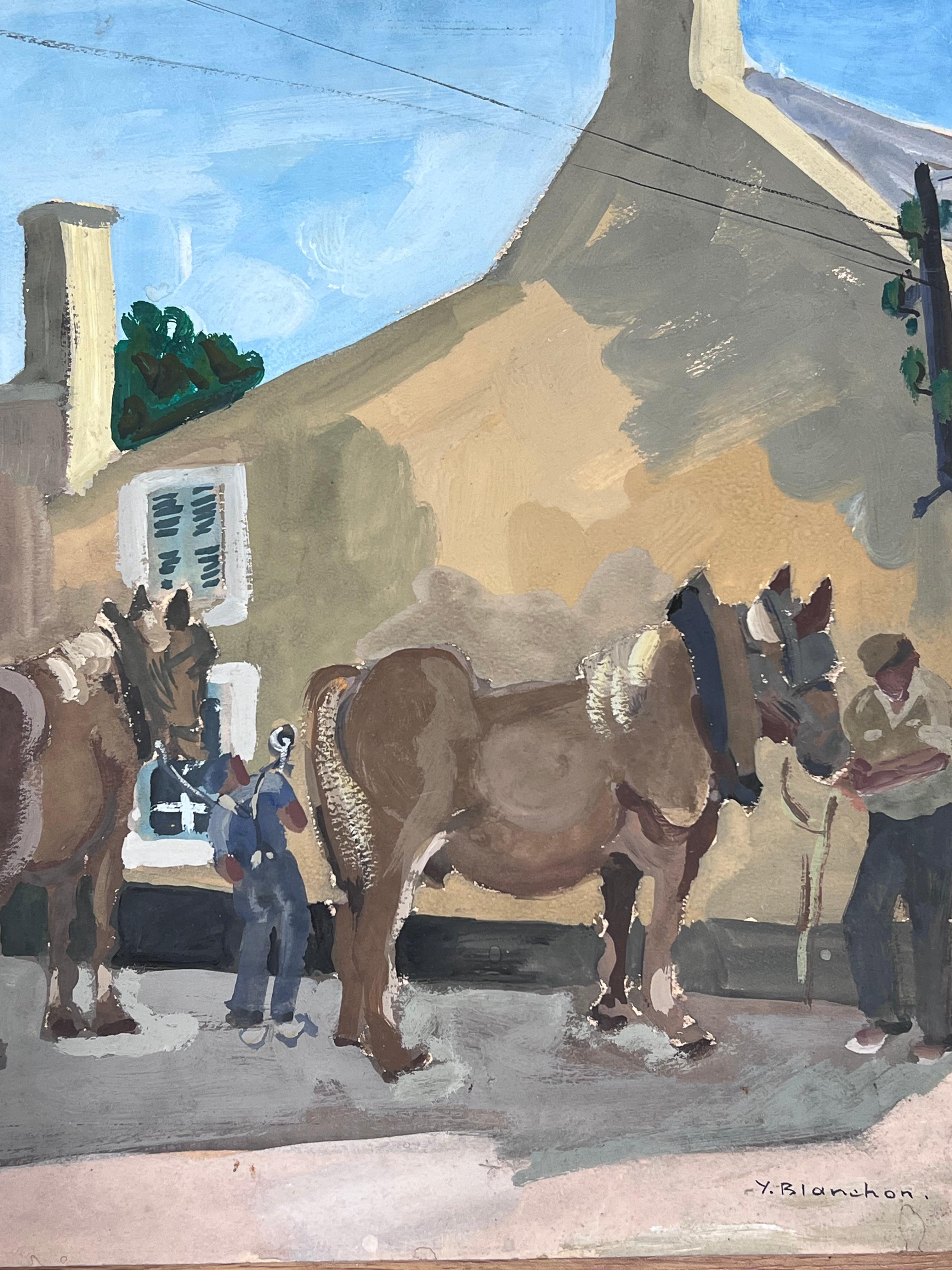 1930's Gouache Painting Preparing The Horses and Kart In The French Town For Sale 2