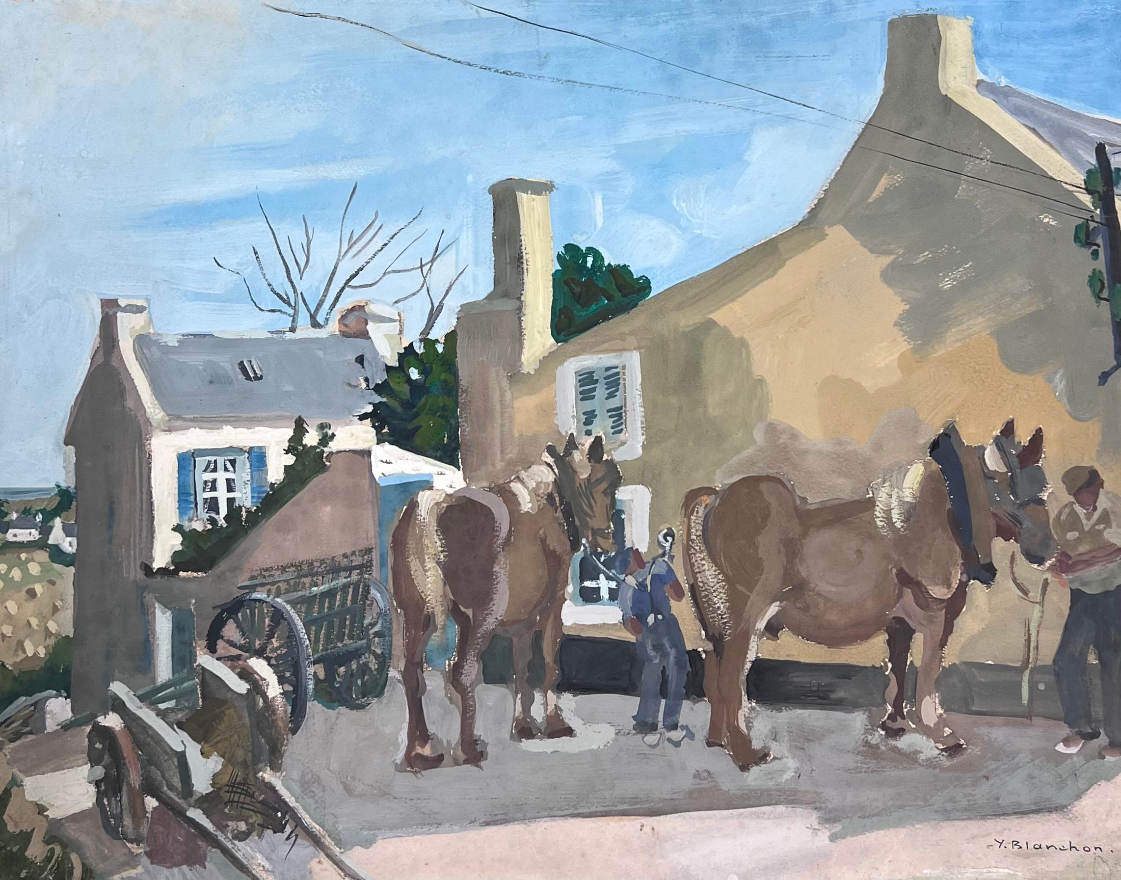 1930's Gouache Painting Preparing The Horses and Kart In The French Town