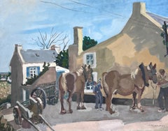 Peinture à la gouache des années 1930 préparant les chevaux et le Kart dans la ville française