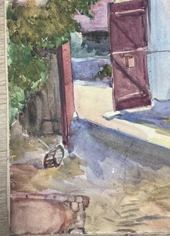 1930's Watercolour French Landscape Chickens in Farmyard