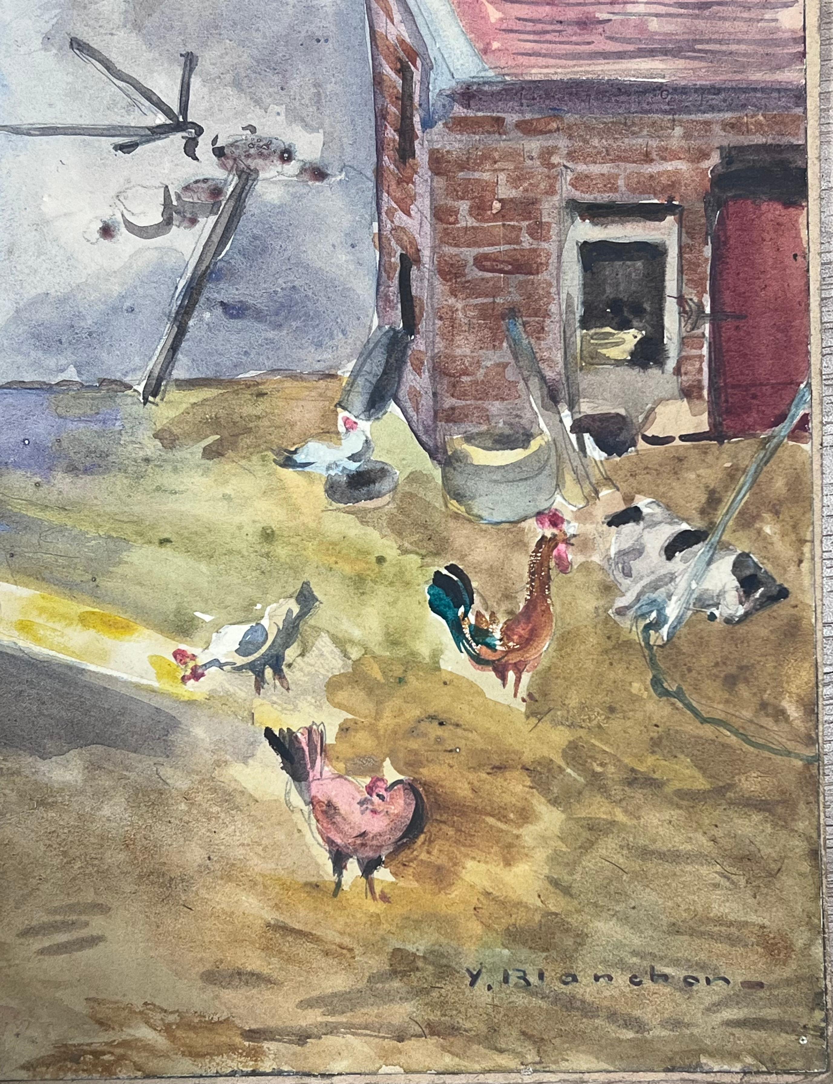 Acuarela de 1930 Paisaje francés Gallinas en el corral - Painting Impresionista de Y. Blanchon