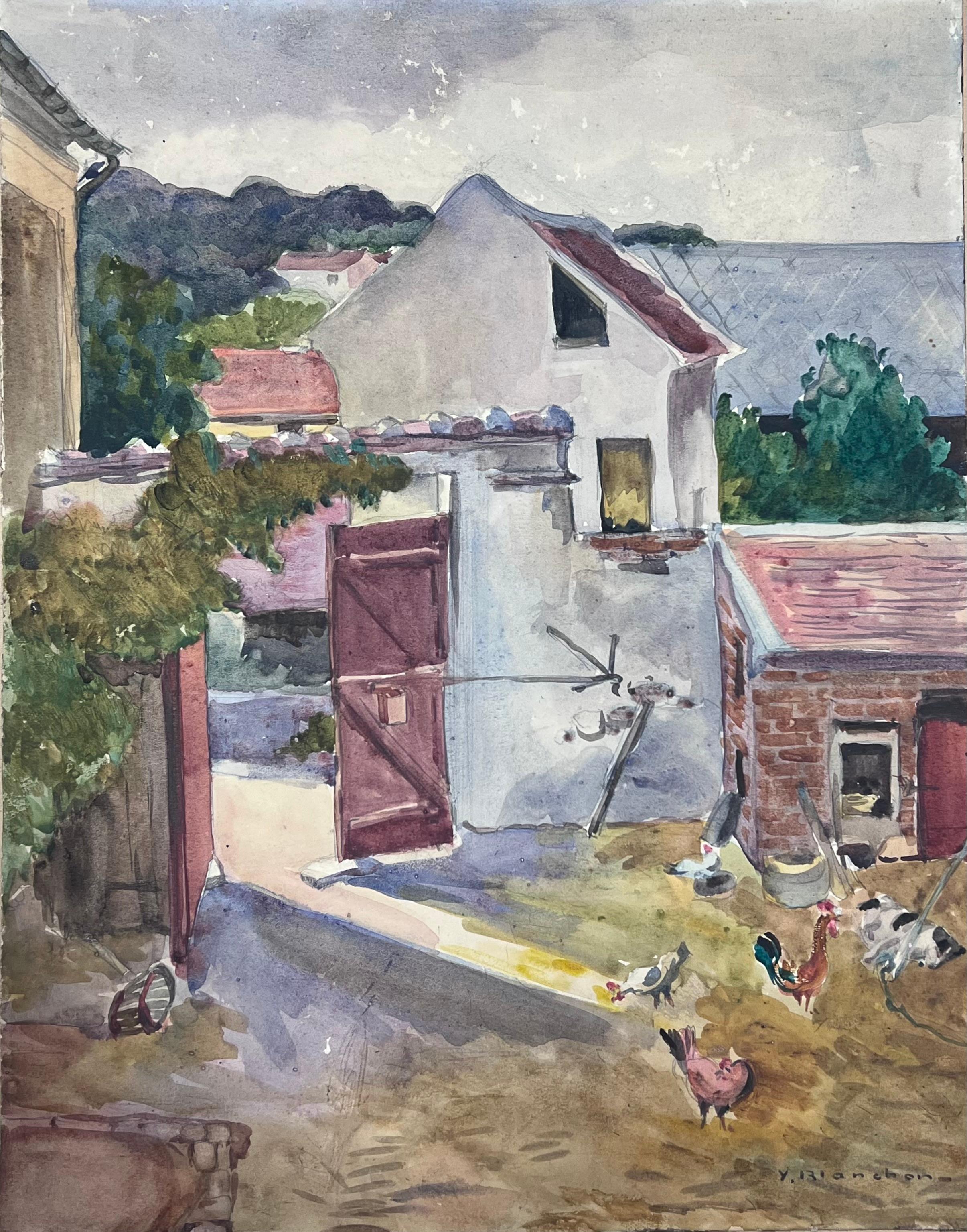 Y. Blanchon Animal Painting - 1930's Watercolour French Landscape Chickens in Farmyard