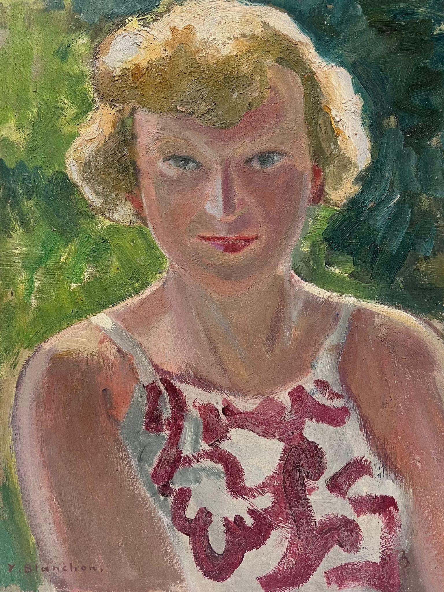 Blonde Dame in roter und weißer Weste, Porträt des französischen Impressionisten 1930er Jahre – Painting von Y. Blanchon