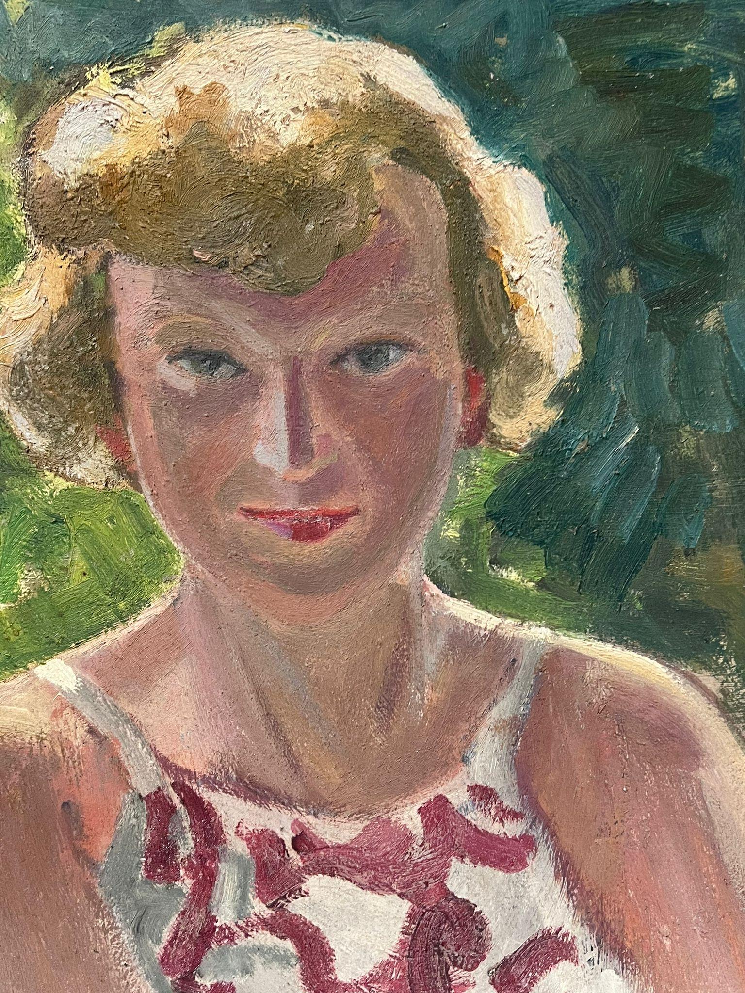 Blonde Dame in roter und weißer Weste, Porträt des französischen Impressionisten 1930er Jahre (Impressionismus), Painting, von Y. Blanchon