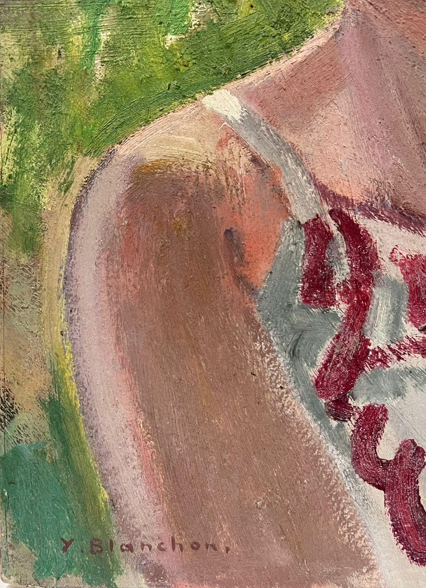 Französisches Porträt
von Y. Blanchon, französischer Impressionist der 1950er Jahre 
Öl auf Karton, ungerahmt
Gemälde: 18 x 15 Zoll
Provenienz: aus einer großen Privatsammlung dieses Künstlers in Nordfrankreich
Zustand: originaler, guter und