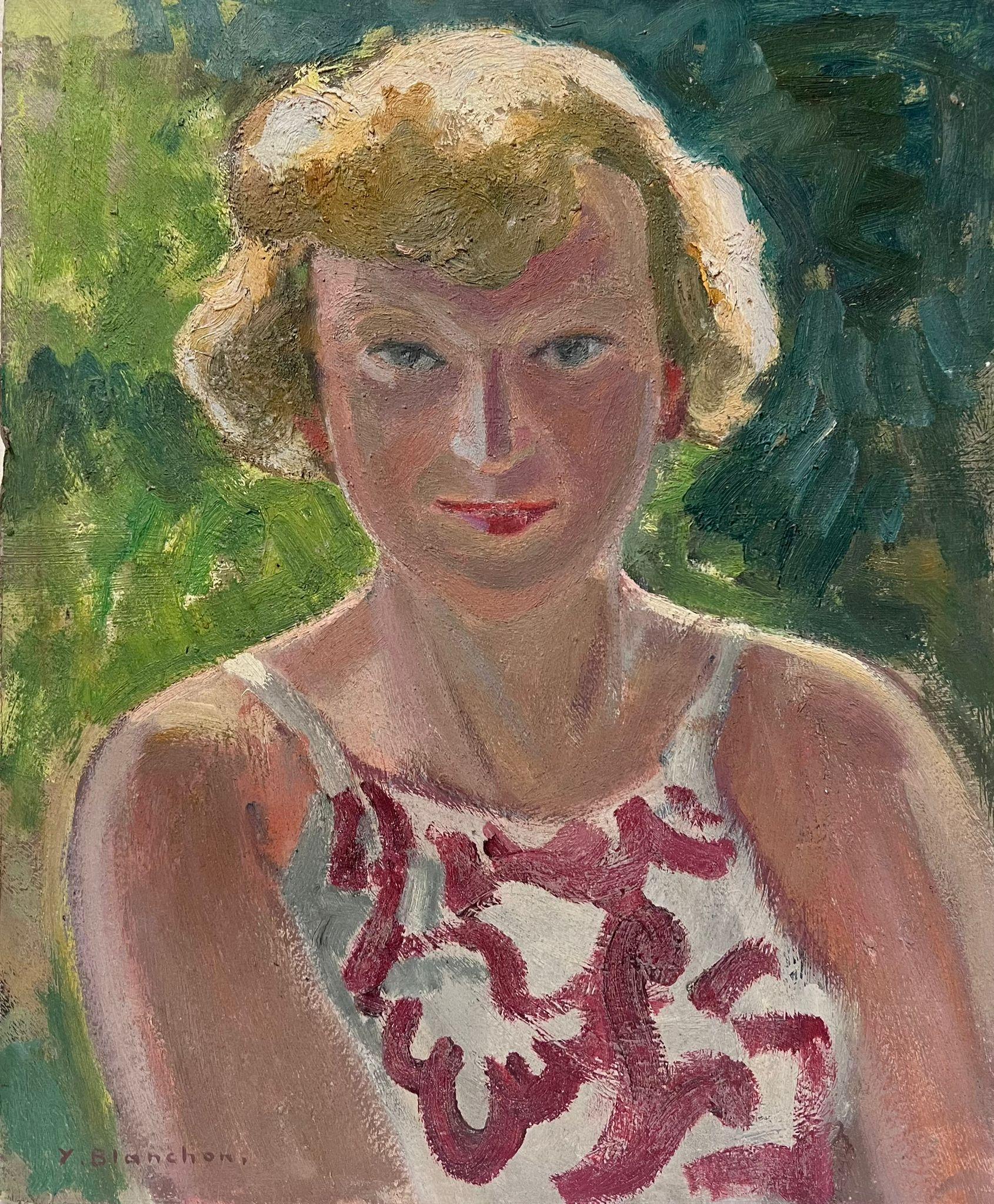 Blonde Dame in roter und weißer Weste, Porträt des französischen Impressionisten 1930er Jahre im Angebot 1