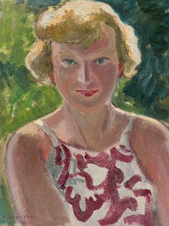 Dame blonde en gilet rouge et blanc Portrait impressionniste français des années 1930