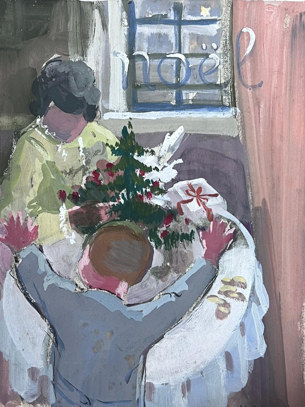 Christmas Day Morning Presents Giving Gouache French Impressionist For Sale 1