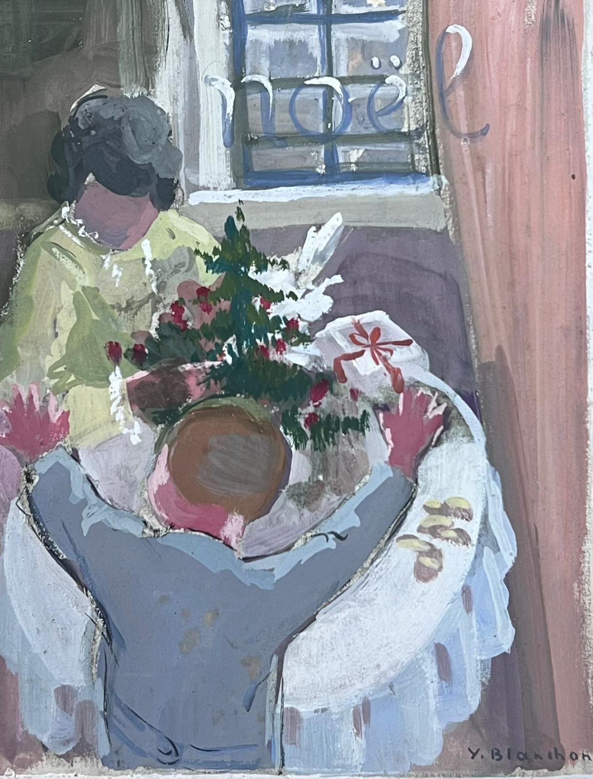 Y. Blanchon Figurative Painting - Christmas Day Morning Presents Giving Gouache French Impressionist