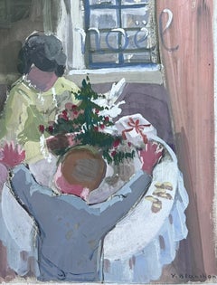 Vintage Christmas Day Morning Presents Giving Gouache French Impressionist