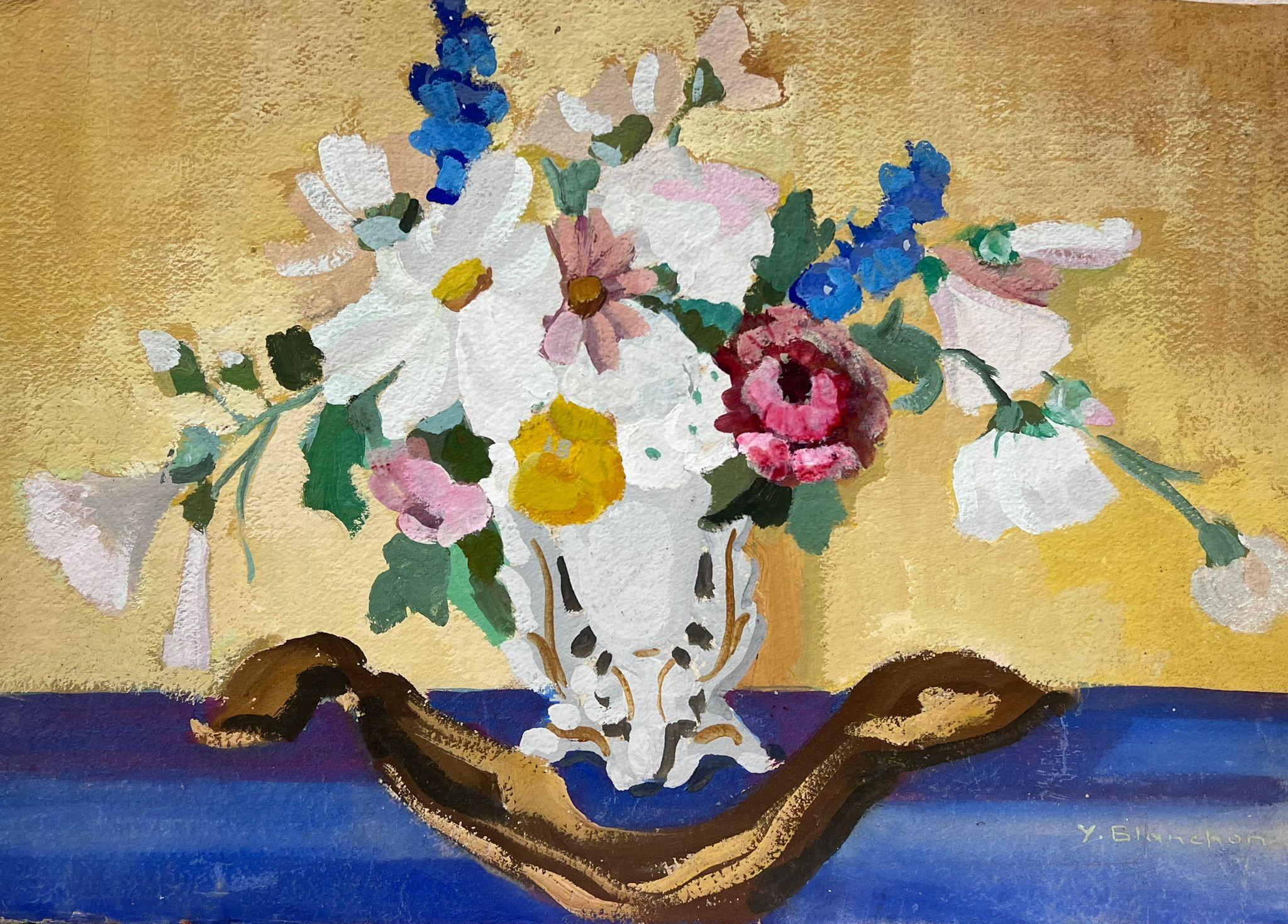 Figurative Painting Y. Blanchon - Fleurs dans un grand vase aquarelle impressionniste française des années 1930
