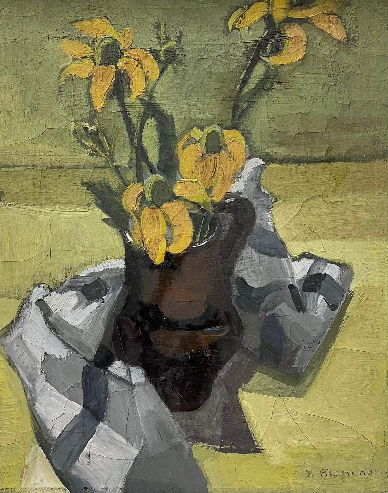 Französisches impressionistisches Stillleben des Impressionismus, Gemälde Sonnenblumen in gelbem Tisch, Interieur – Painting von Y. Blanchon